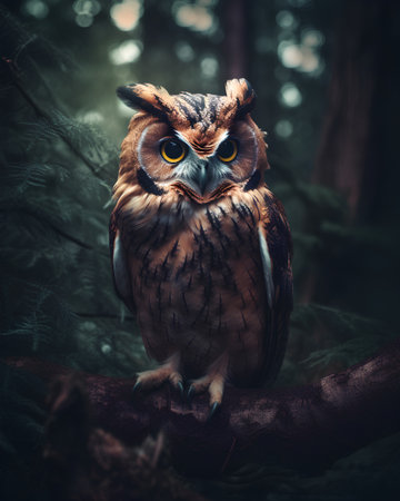 Beautiful owl sitting on a tree branch in the forest. Vintage style.の素材