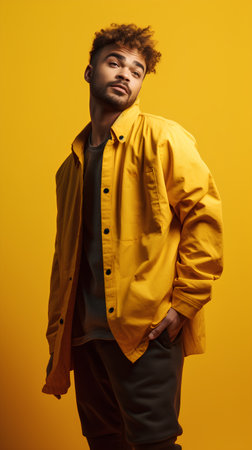 Stylish african american man in yellow raincoat on yellow backgroundの素材