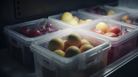 Fruits in a plastic box on a shelf in the refrigerator.の素材