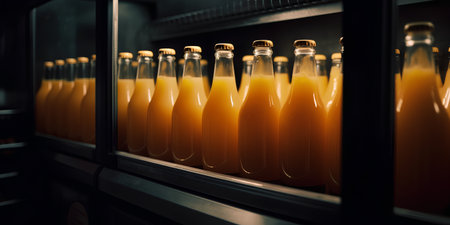 Bottles of orange juice in the refrigerator. Selective focus.の素材