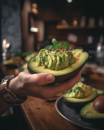 Female hand holding avocado with herbs and spices on a wooden table.の素材
