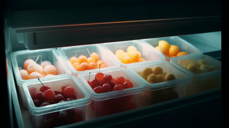 frozen cherries in refrigerator, toned image, shallow depth of fieldの素材