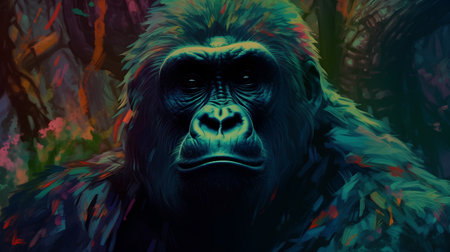 Gorilla in the forest. Digital painting with a colorful effect.の素材
