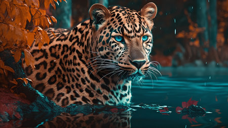 Leopard in the rain. 3D render. Nature background.の素材