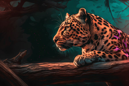 Jaguar on a log in a dark forest. Vector illustrationの素材
