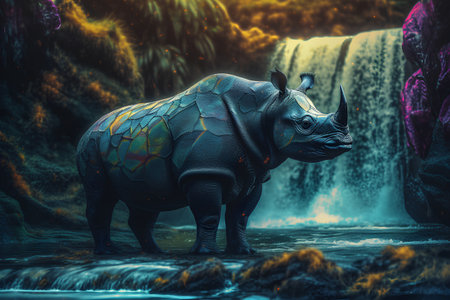 Rhinoceros in a waterfall. 3d render illustration.の素材