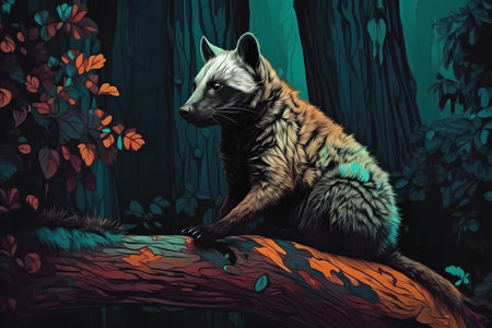 Illustration of a fox sitting on a tree branch in the forestの素材