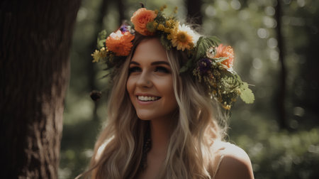 Beautiful young woman in a wreath of flowers on her headの素材