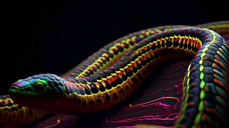 3D Illustration of a Colorful Snake Swirling on a Black Backgroundの素材
