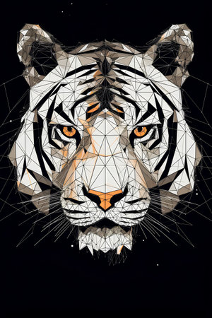 Abstract polygonal tiger head on black background. Vector illustration.の素材