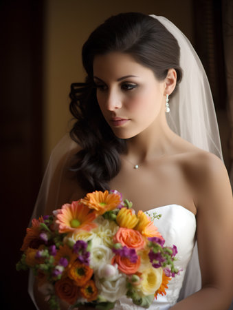 Portrait of a beautiful bride with a bouquet of flowers.の素材