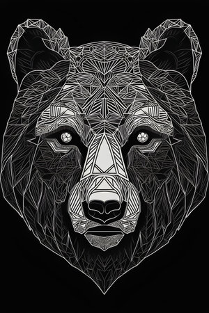 Tribal style black and white vector illustration of a grizzly bear headの素材