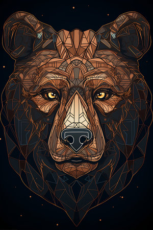 Vector illustration of bear head with polygonal geometric pattern on dark background.の素材