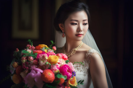Beautiful asian bride with bouquet of flowers in the roomの素材