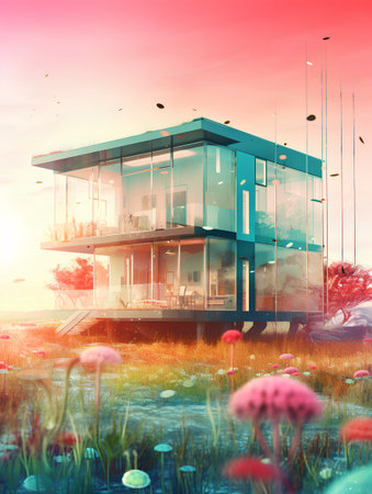 3D rendering of a modern house on a meadow at sunsetの素材