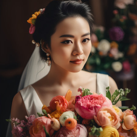Portrait of beautiful asian bride with bouquet of flowers.の素材