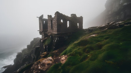 Ruins of an ancient castle on a cliff in the fog.の素材