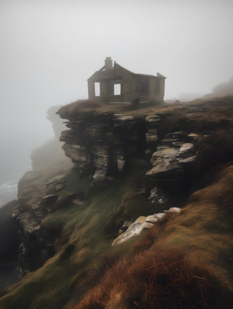 Abandoned house on the cliffs in a foggy day.の素材