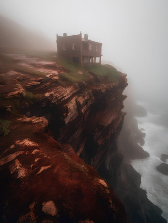 Abandoned house on the cliff in a foggy day.の素材