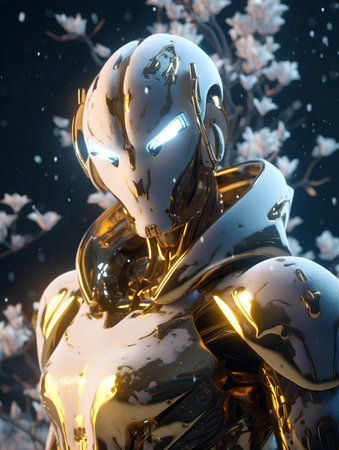 Cyborg man with golden metallic armor. 3d rendering. Computer digital drawing.の素材