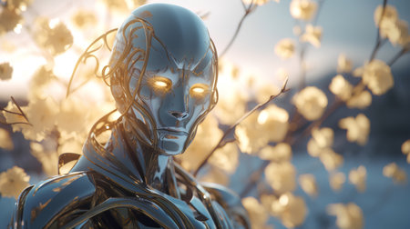 3d rendering of a female robot in the forest with golden leavesの素材