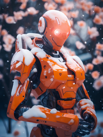 Orange robot in the snow. 3D illustration. Futuristic concept.の素材