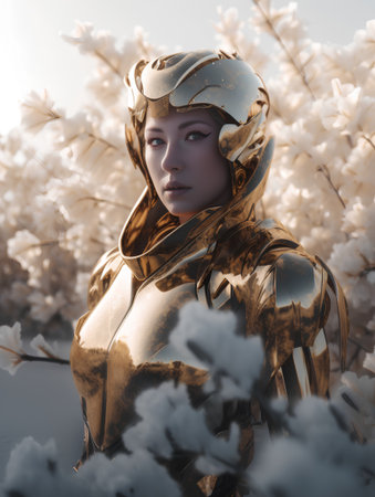 3d illustration of a beautiful girl in a military helmet and armorの素材