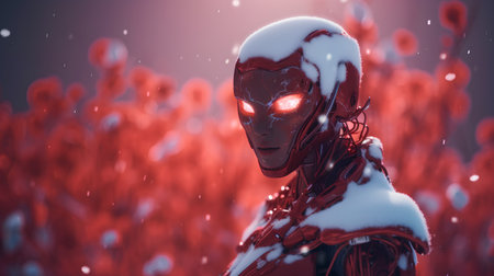 Cyborg with a red mask in the snow. 3d renderingの素材