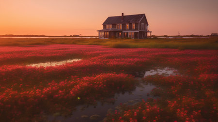 Sunset over a red field of poppies and an old houseの素材
