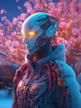 3D rendering of a female robot in a futuristic environment with flowersの素材