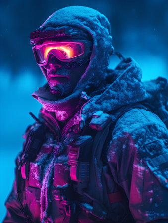 Portrait of a man in a gas mask on the background of a winter forest.の素材