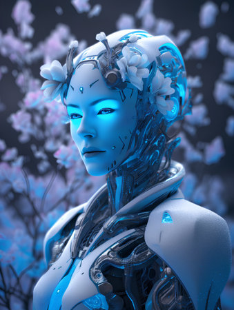 3D rendering of a female robot with flowers in her hair.の素材