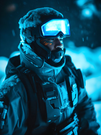 Portrait of a snowboarder in a helmet and glasses against the background of a winter forest.の素材