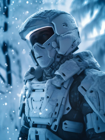 Portrait of a soldier in the winter forest. Toned.の素材