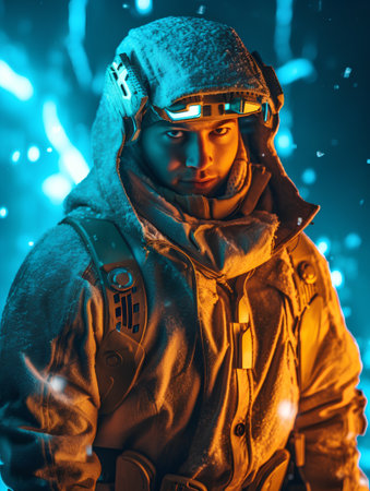 Portrait of a futuristic man in an aviator helmet and goggles.の素材