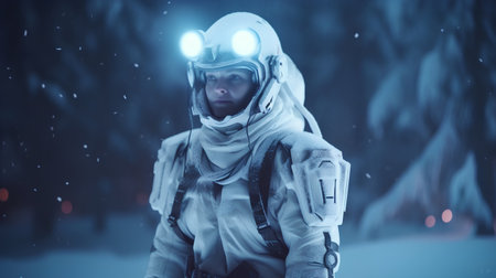 Astronaut standing in the winter forest. 3D rendering.の素材