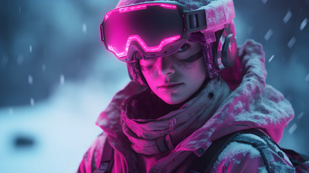 Portrait of a young woman wearing ski goggles in the snow.の素材