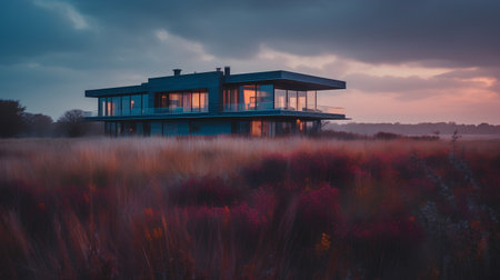 Sunset in the meadow with a modern house in the foregroundの素材