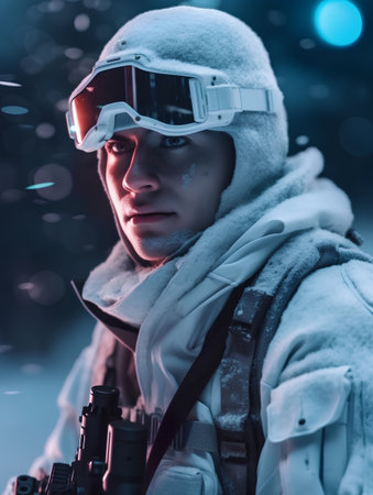 Portrait of a futuristic soldier in the snow. 3d rendering.の素材