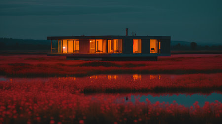 3d rendering of a modern house on a lake at sunset.の素材
