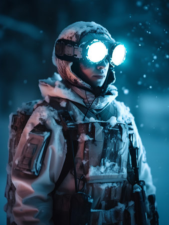 Portrait of a special forces soldier in the winter forest. Studio shot.の素材