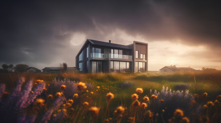House in the field with purple flowers at sunset. 3d renderingの素材