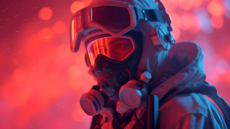 Portrait of a man in a gas mask on a red background.の素材