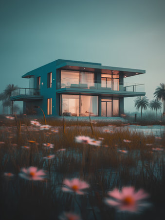 3d rendering of modern cozy house with pool and parking for sale or rent. Luxury home in the meadow with flowers.の素材