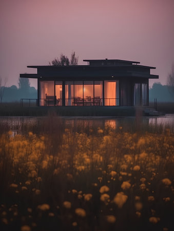 Sunset in a cottage in the middle of a lake with yellow flowersの素材