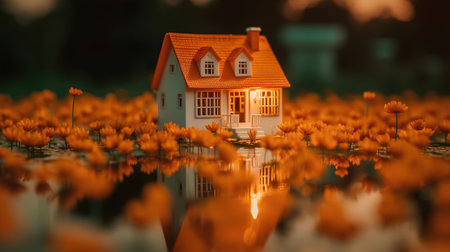 Miniature house on a flower field with reflection in the water.の素材