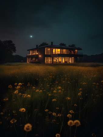 Beautiful house at night in the meadow with dandelionsの素材