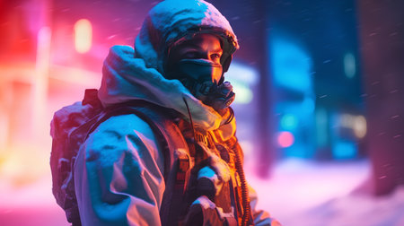 Portrait of a man in a hood on a background of night city.の素材