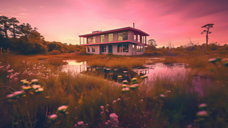 Beautiful sunset over a small lake in Florida, USA. Filtered image processed vintage effect.の素材
