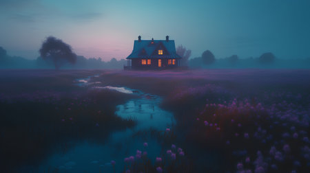 Beautiful cottage in the meadow at sunrise. 3D renderingの素材